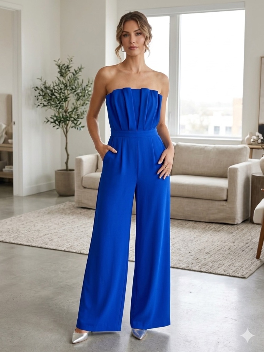 Versona Strapless Pleated Wide-Leg Jumpsuit in Royal Blue